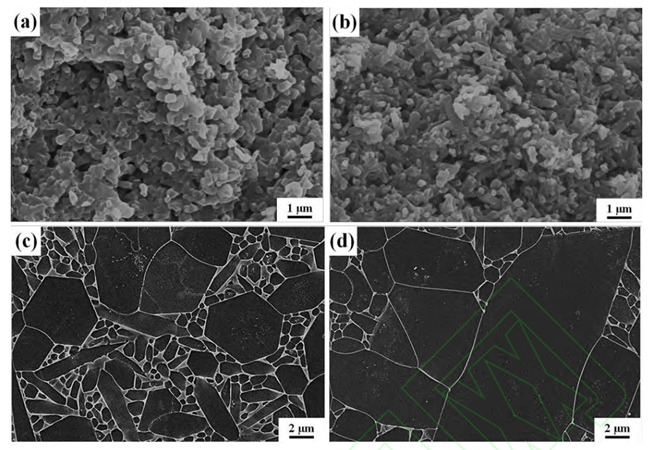 (a, c) Microstructure de l'échantillon après nitruration sans ajout et (b, d) Microstructure de l'échantillon après nitruration avec de la poudre enterrée contenant du C (a, b) et microstructure du nitrure de silicium après air