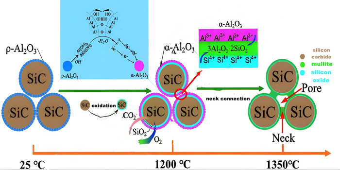 Diagramme schématique du processus de frittage de céramiques poreuses en carbure de silicium liées à la mullite préparées par la technique de frittage réactif in situ